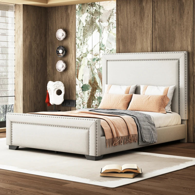 Queen Size Upholstered Bed ,Modern Upholstered Bed with Wooden Slats Support, No Box Spring Needed, Easy Assembly, Beige